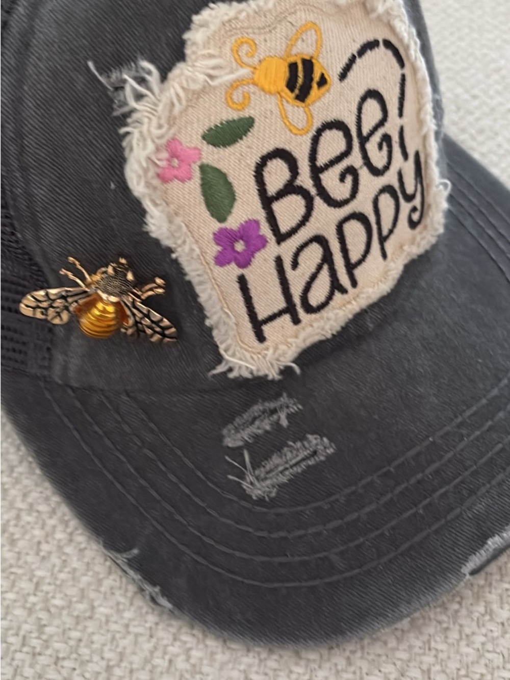C.C Bee Happy Embroidered Black Baseball Cap with Bee Pin